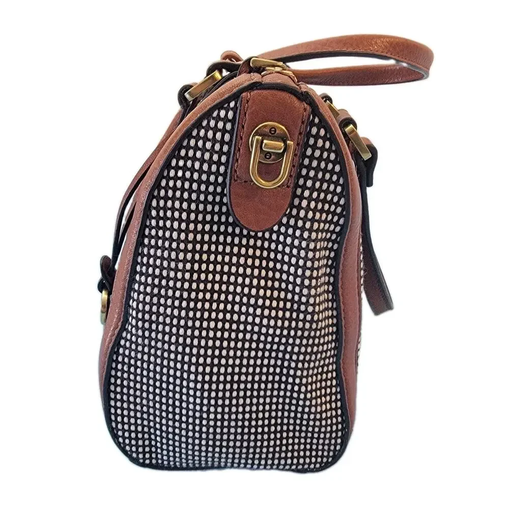 Fossil Kendall Satchel Bag Black White Fabric Brown Leather Trim Handbag